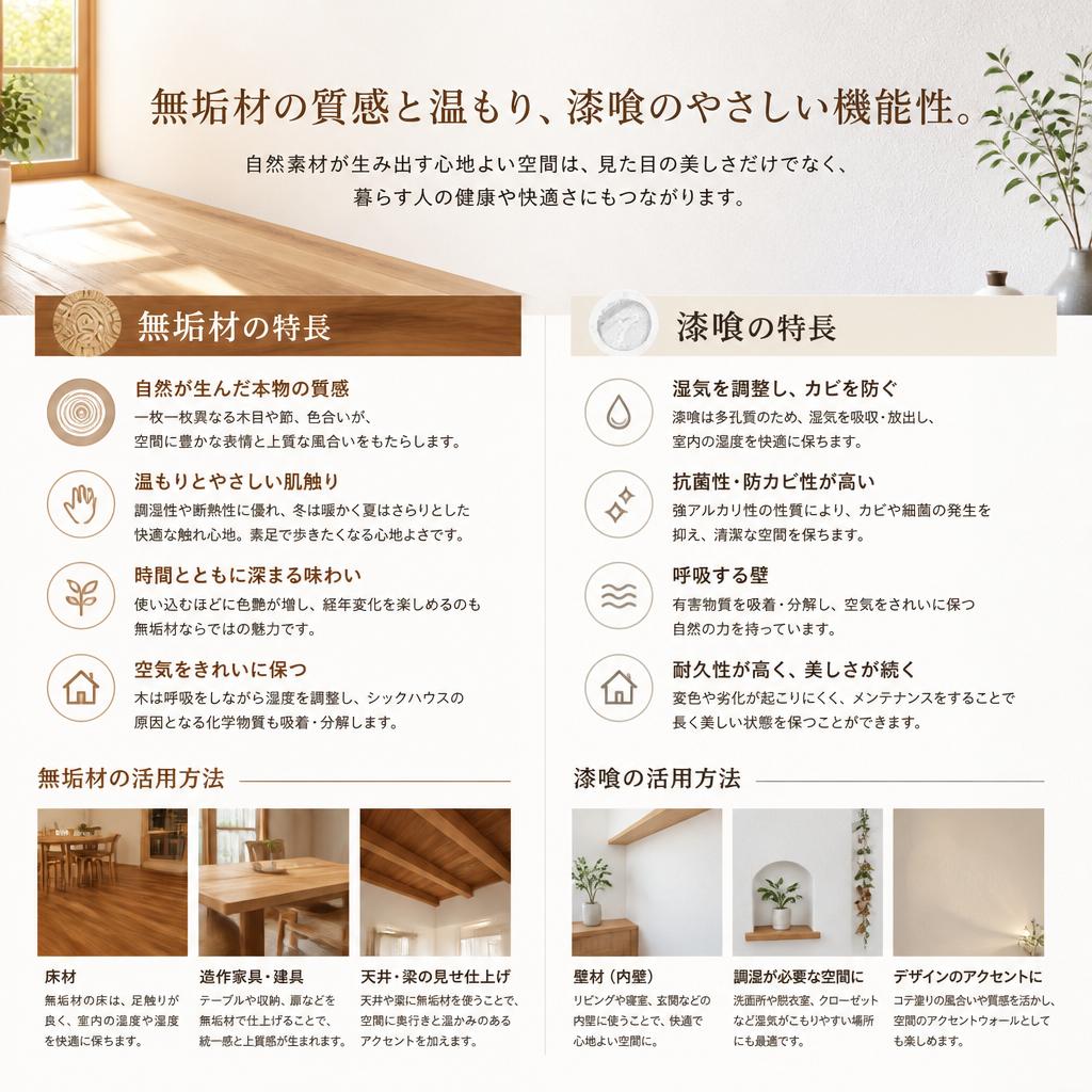 無垢材と漆喰の特長